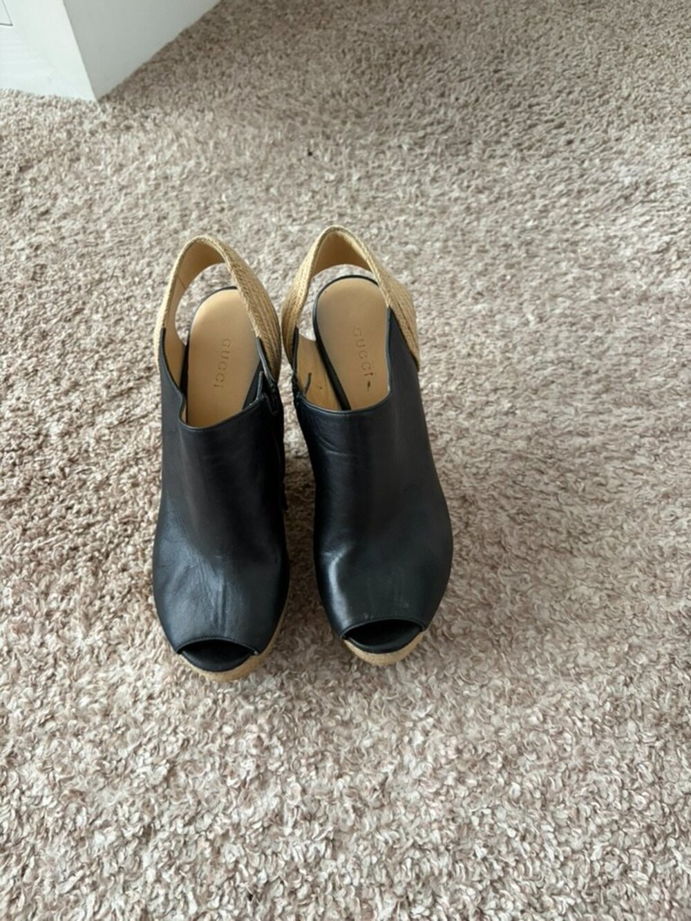 Gucci Black Leather Espadrille Platform Wedge Sandals EU 38